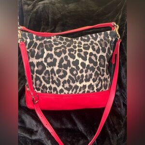 Coach Parker Ocelot Print Red Leather Hobo with Crossbody Strap F23266